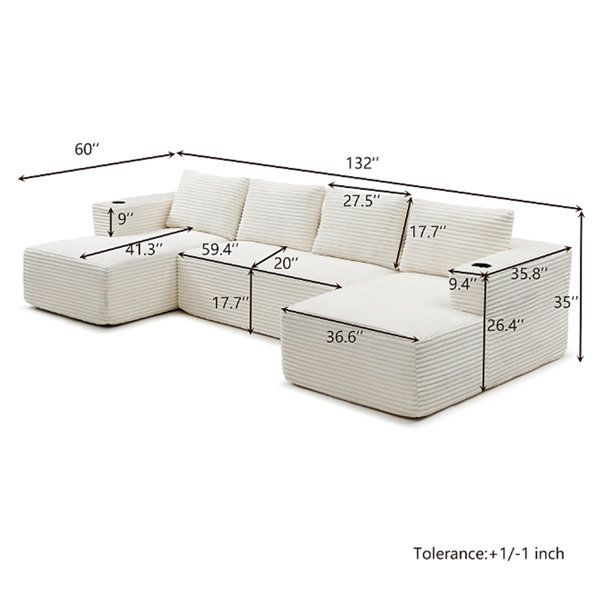 Latitude Run® 132" Oversized Cloud Boneless Sofa Couch with Chaise ...