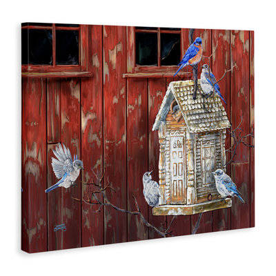 «Rustic Bird House», art mural sur toile rouge et bleu par Joseph Burgess