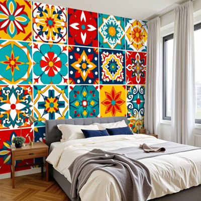 Peel and Stick Wallpaper Colorful Geometric Mosaic Floral Motifs Symmetrical Tiles Wall Murals 100"H x 144"W Removable PVC Wall Paper Self-Adhesive Wall Decor for Bedroom Living Room Home Office
