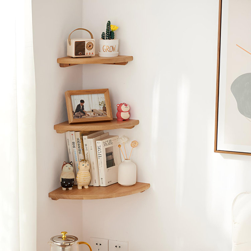 Corner Wall Shelf - Solid Wood Fan-Shaped Storage & Display, 0.66" H x 11.81" W x 11.81" D