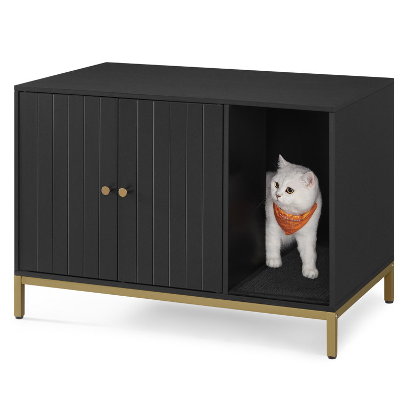 Black and Gold Modern Cat Litter Box Enclosure with Scratching Mat