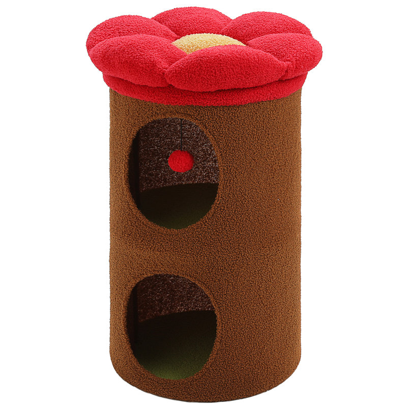 Maison pour chat avec arbre, lit troglodyte et coussin pour chat à fleurs amovible, Brun