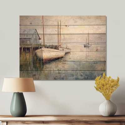 Galveston Island, voiliers, port au Texas - Paysage moderne, art mural en bois sur bois de pin naturel