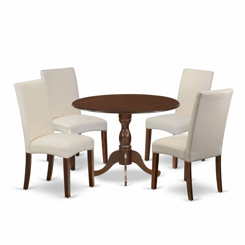 L'ensemble 5 pièces de table de salle à manger moderne comprend une table ronde en bois avec Dropleaf et 4 chaises de salle à manger Parson en tissu crème et acajou