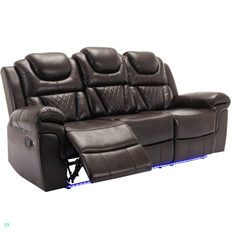 Home Theater Seating Manual Recliner Chair With Center Console And LED Light Strip For Living Room, Brown