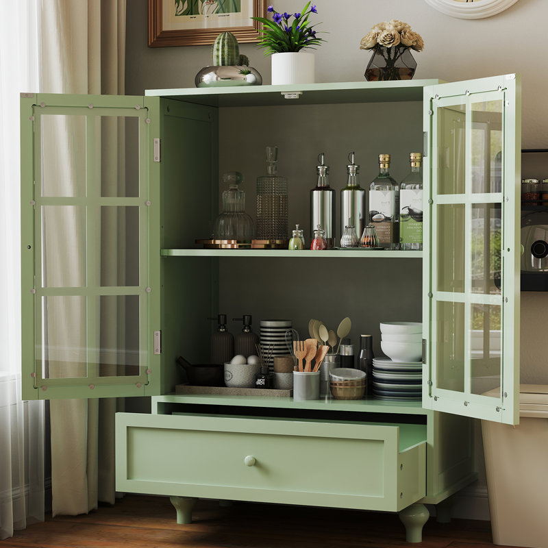 Minimalist Buffet Cabinet With Double Glass Doors And 1 Drawer, Modern Wooden Storage Sideboard Cupboard For Living Room, Dining Room, Hallway
