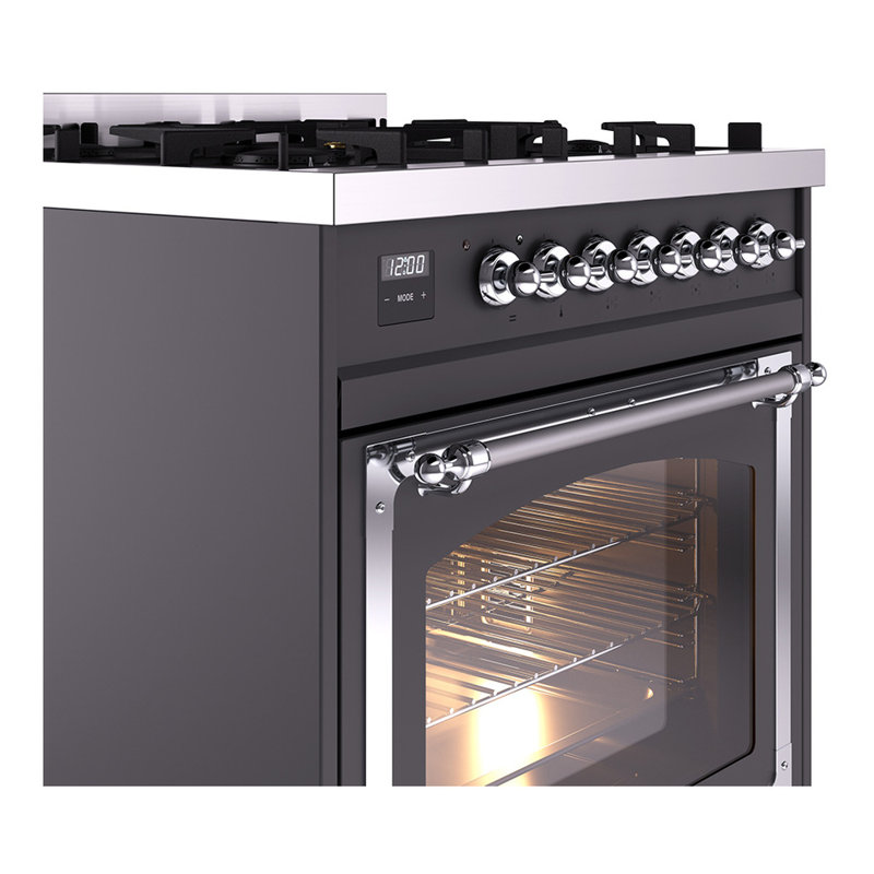 ILVE Nostalgie II Noblesse 30 in Dual Fuel Range, Graphite Matte/Chrome, Natural Gas