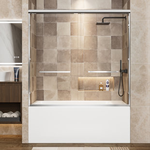Poignées de porte de baignoire en verre trempé à double cadre 60 po x 57 po en aluminium trempé 1/4 po