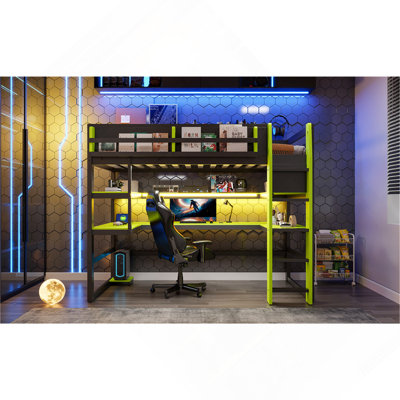 Twin Size Loft Bed with Desk, Side storage rack, Multi-storage Shelves and RGB Lights, Green