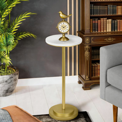 Modern Pedestal Drink Table With Carved Top And Weighted Base, Accent Side Table For Living Room, Bedroom, Or Office