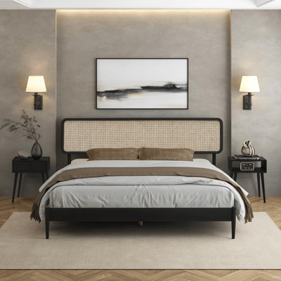 NTC Lupin Wooden Bed Frame with Headboard and Natural Rattan, Solid Oak/Rubber Wood Foundation with Silent Slats, 1000 Lb Capacity, Effortless Assembly