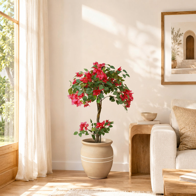 Artificial Bougainvillea Tree in Pot, Faux Flowering Plant Indoor Outdoor, 110cm