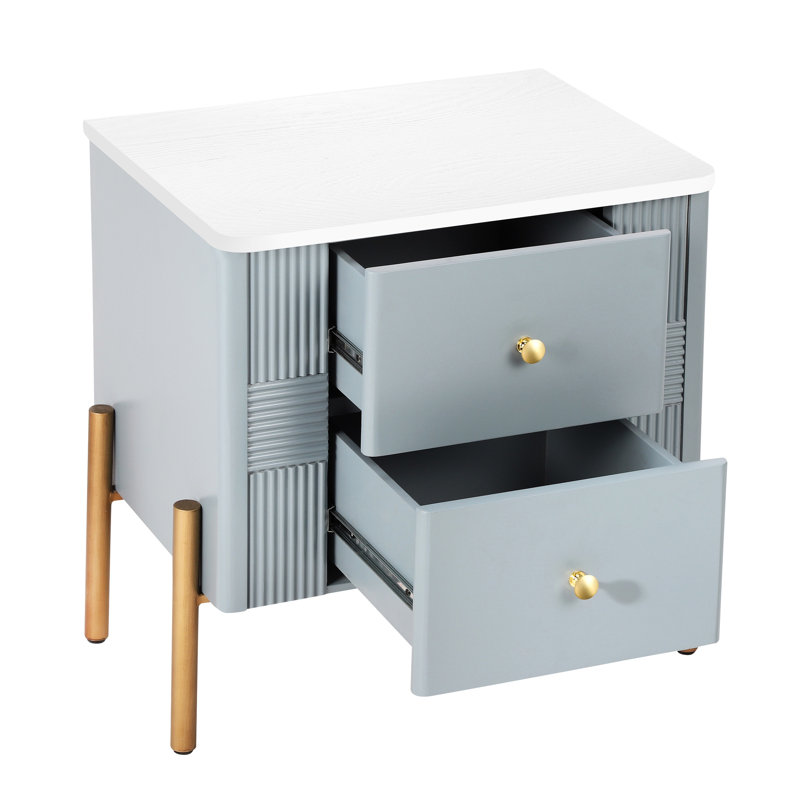 Table de bout cannelée bleue avec poignées dorées, 2 tiroirs spacieux, - tablettes antidérapantes, accents métalliques multifonctionnels, deux tiroirs pour livres et magazines,