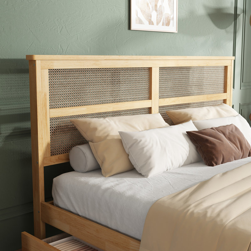 Lit plateforme avec tête de lit en rotin et pieds de soutien, lit dans la chambre à coucher, Queen, Espresso