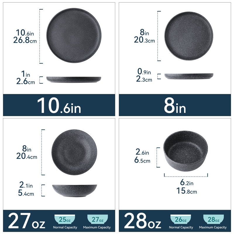 Misty 32 Piece Stoneware Matte Reactive Glaze Dinnerware Set, Service For 8, Black