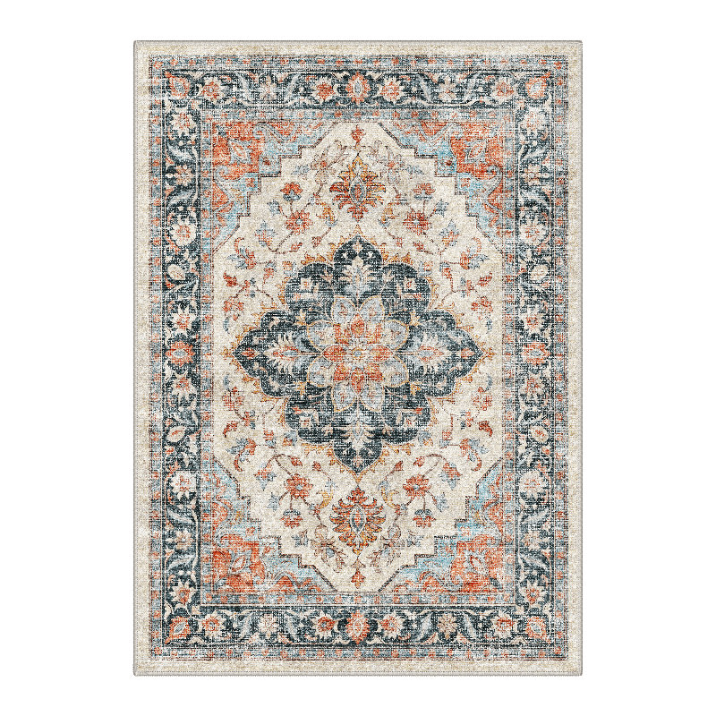 Lumiere Floral Machine Washable Red / Blue / Beige Indoor Area Rug with Non-Slip Backing, Round 5'