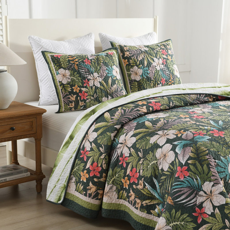 3 Pcs Lightweight Polyester Tropical Leaf and Flower Quilt Bedspread Set, Dark Green Floral, King Quilt + 2 King Shams