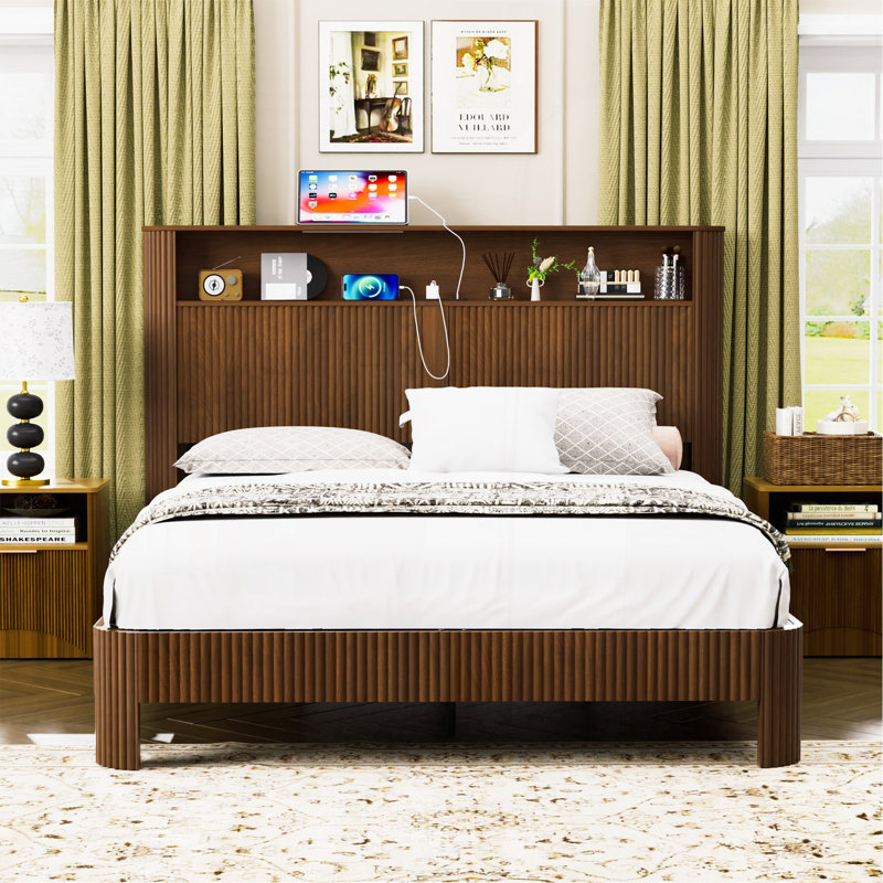 Queen Size Bed Frame With Storage Headboard, Built-In Charging Station, Wavy Curved Lines Design, Silent Operation, Metal Support, Walnut