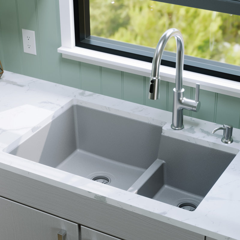 Karran Quartz 32'' X 21-1/4'' 60/40 Double Bowl Undermount Kitchen Sink, Gray
