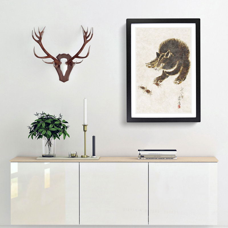 Bear And Crabs by Shibata Zeshin - Single Picture Frame Painting, Black Framed, 63cm H x 45cm W x 2cm D