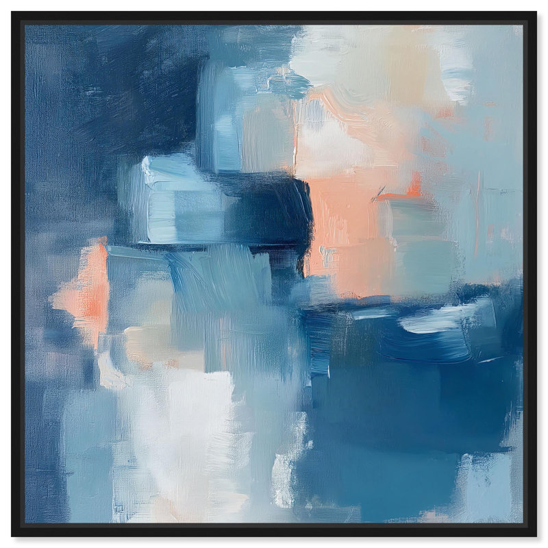 «Whispering Blue I», art abstrait bleu par , H 13 po x l 13 po, Cadre flottant noir