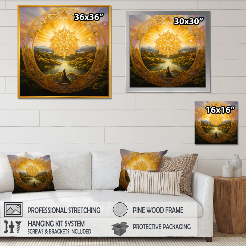 Paysage de mandala doré Awaken, H 16 po x l 16 po x P 1 po, Cadre simple blanc