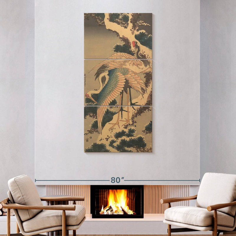 Cranes On Snow-Covered Pine, 75" H x 36" W