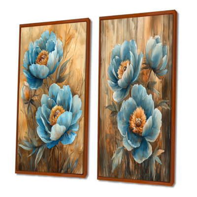 Pivoines bleues dans la basse-cour I - Collection d'art mural floral 2 pièces