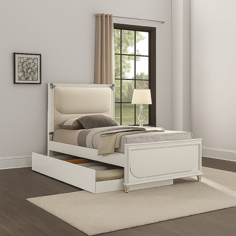 Lit simple Dima, tête de lit tapissier avec DEL, blanc perle, pieds transparents, Simple