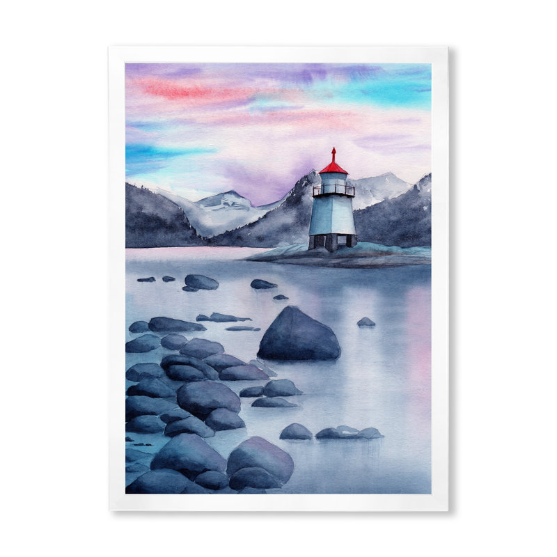Paysage de soirée avec un phare - Peinture sur toile, Cadre photo blanc, H 44 po x l 34 po x P 1,5 po