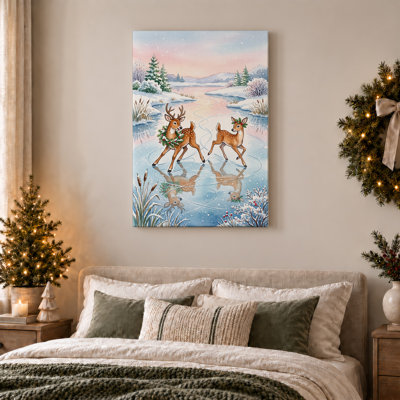 «Winter Deer Ice Skating on Frozen Pond with Holly Christmas», art mural sur toile