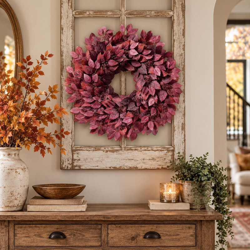 Couronne de feuilles d'hibiscus artificielles de 66 cm avec baies pour la décoration de la porte d'entrée