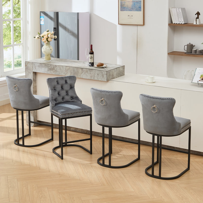 26'' Modern Counter Stools with Tufted and Nailhead Trim, Gray Seat/Black Legs/Velvet