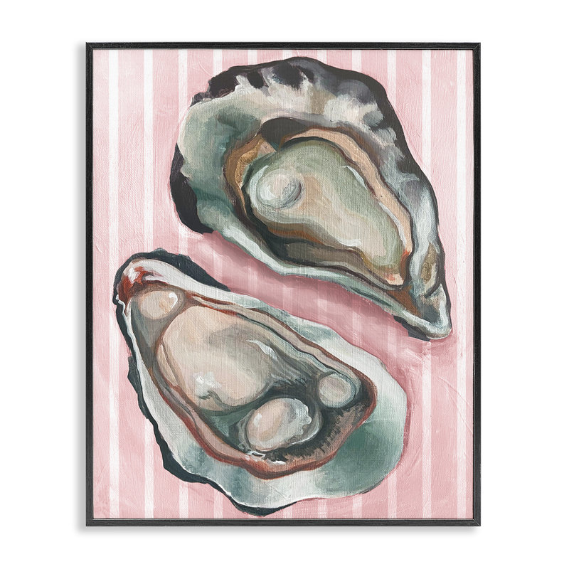 Huîtres sur rayures roses, estampe numérique encadrée par Daphne Polselli, H 20 po x l 16 po, Giclée encadrée noir minuit