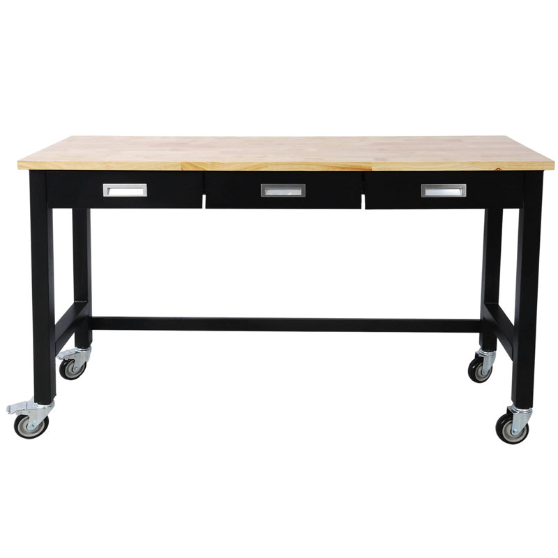 60In Work Bench, Workbench With Drawer Storage, Heavy Duty Bamboo Wood Work Table With Wheels For Garage Home Office