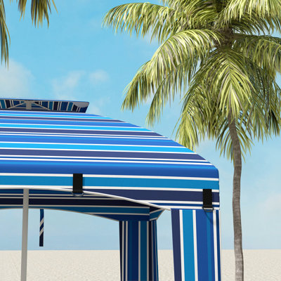 Portable Beach Umbrella With Double Canopy, Vents, Sandbags, Carry Bag, Blue Stripe, Ideal For Sun Protection At 5.8' X Keeps Away