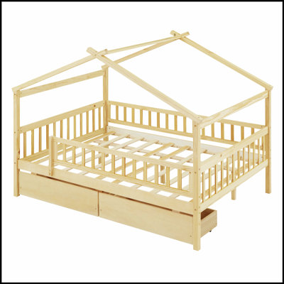 Lit de maison en bois Imaginative avec deux tiroirs pour enfants, conception durable et peu encombrante