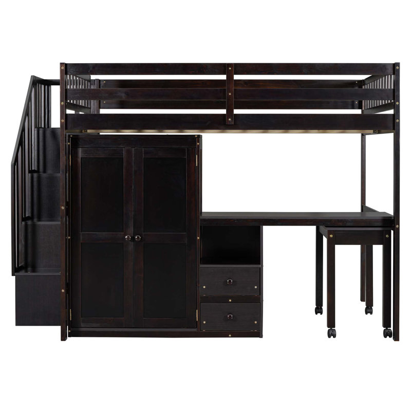 Loft Bed with Stairs, Bookshelf, Drawers, Desk & Wardrobe, Full, Espresso