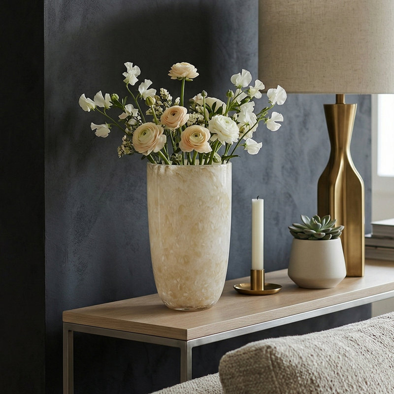 Decorative Round Glass Flower Vase with Speckled Finish for Living Room Decor - Textured Tall Vase for Home Display or Table Centerpiece