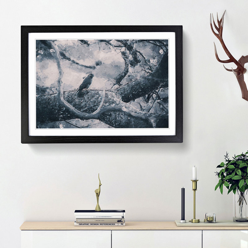 Bird on the Tree in Abstract - Picture Frame Graphic Art Print, Black Framed, 48cm H x 65cm W x 2cm D