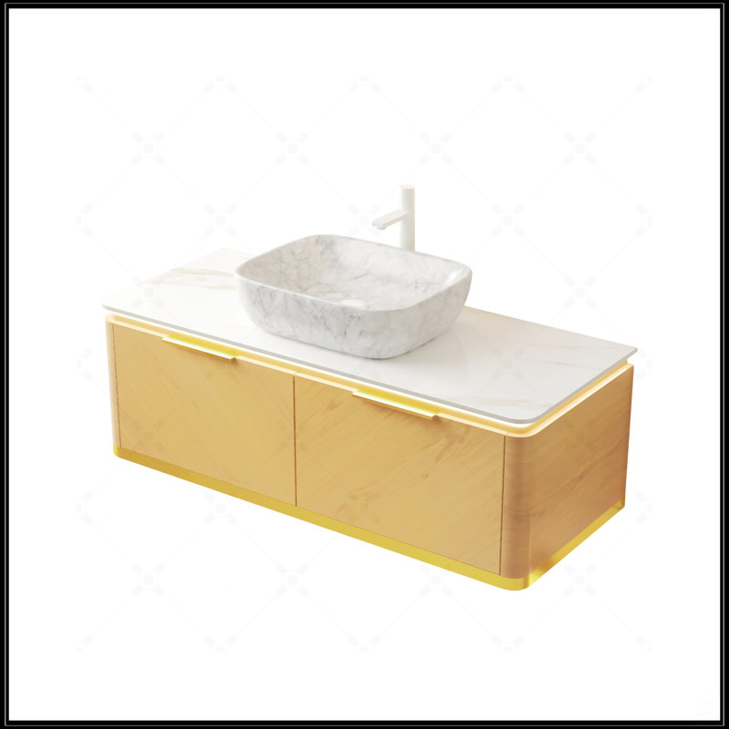 Meuble-lavabo de salle de bain avec rangement flottant, tiroir en sergé, lumière à capteur, lavabo à motif de marbre et plateau en pierre frittée, grain de bois de chêne Corolla