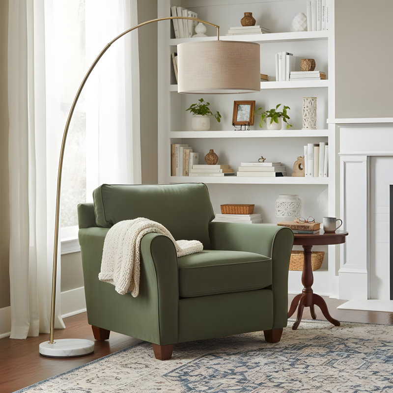 86-inch tall metal curved floor lamp “Bowery”, beige and antique gold, Gold