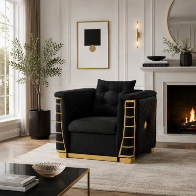 Canapé une place de luxe en velours italien de 102 cm (40,2 po), avec un coussin décoratif, un coussin d'assise épais et de larges accoudoirs, orné d'élégants détails en métal doré. Canapé moderne pour salon, chambre et maison, noir.