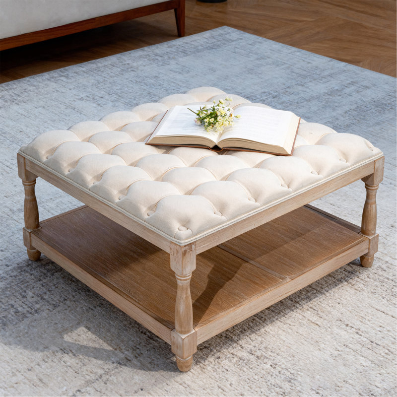 Grandes tables basses carrées de 33 pouces avec repose-pieds carré pour le salon, repose-pieds capitonné en lin avec tablette de rangement et pieds solides pour le bureau