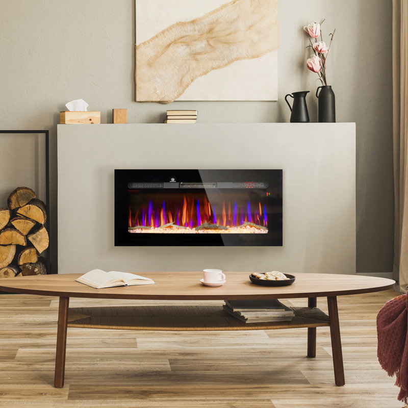 Foyer électrique encastré et mural avec télécommande, chauffage de foyer 1500W avec minuterie 8H, couleur et luminosité de flamme réglables, bûche et cristal