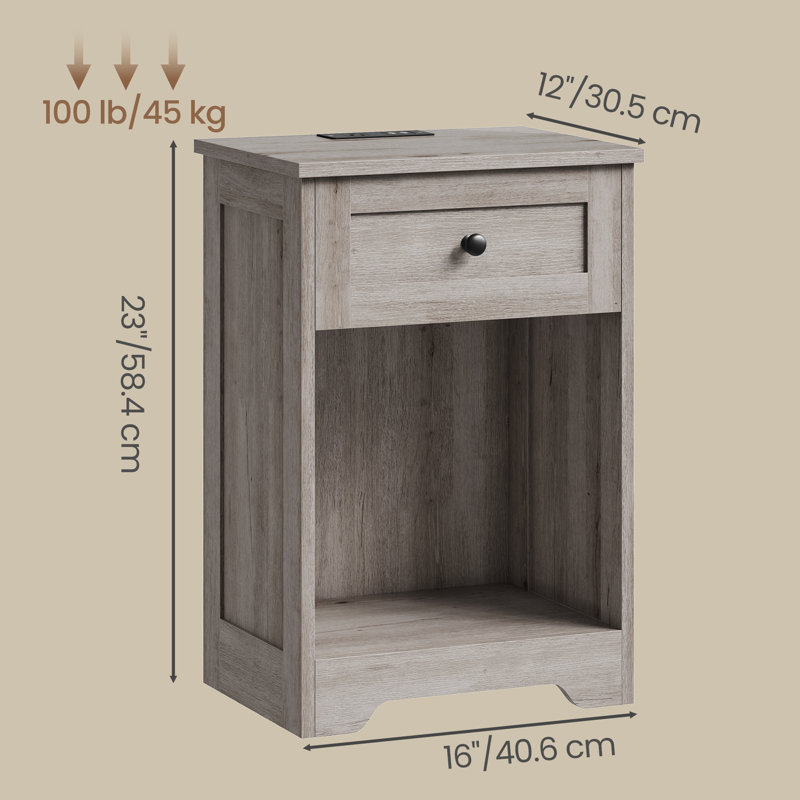 Ensemble de 2 tables de chevet traditionnelles l 16 po avec station de chargement, 1 tiroir et tablette ouverte, Gris, 2