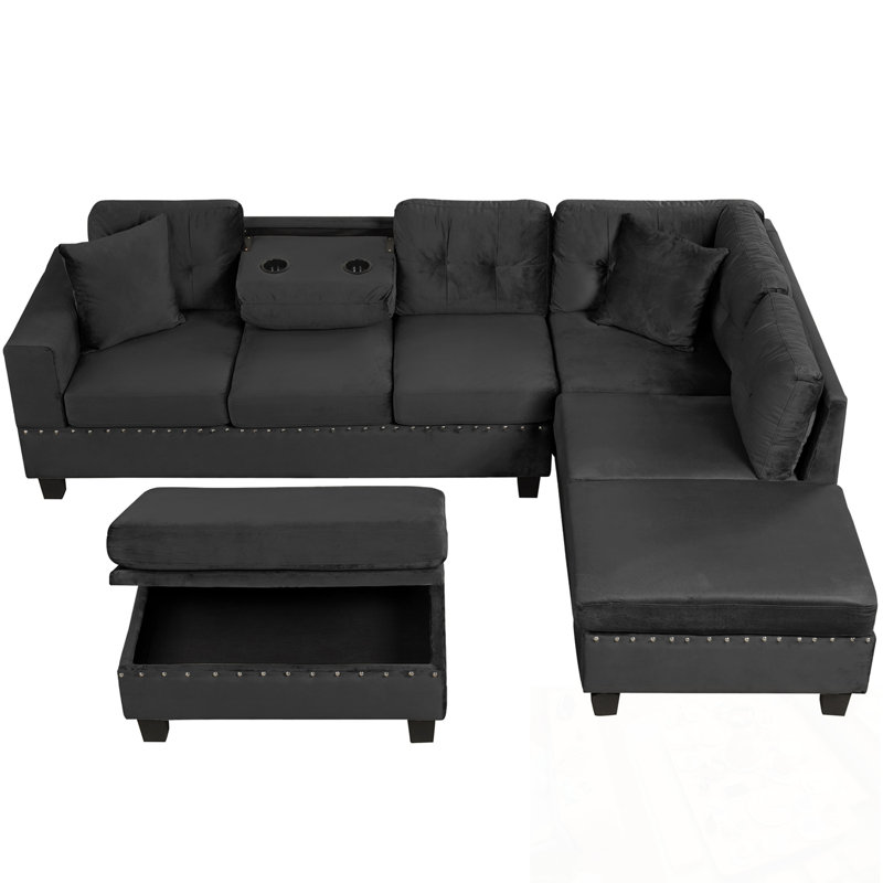 Canapé modulaire en L avec repose-pieds avec rangement, 2 coussins et porte-gobelets, Noir