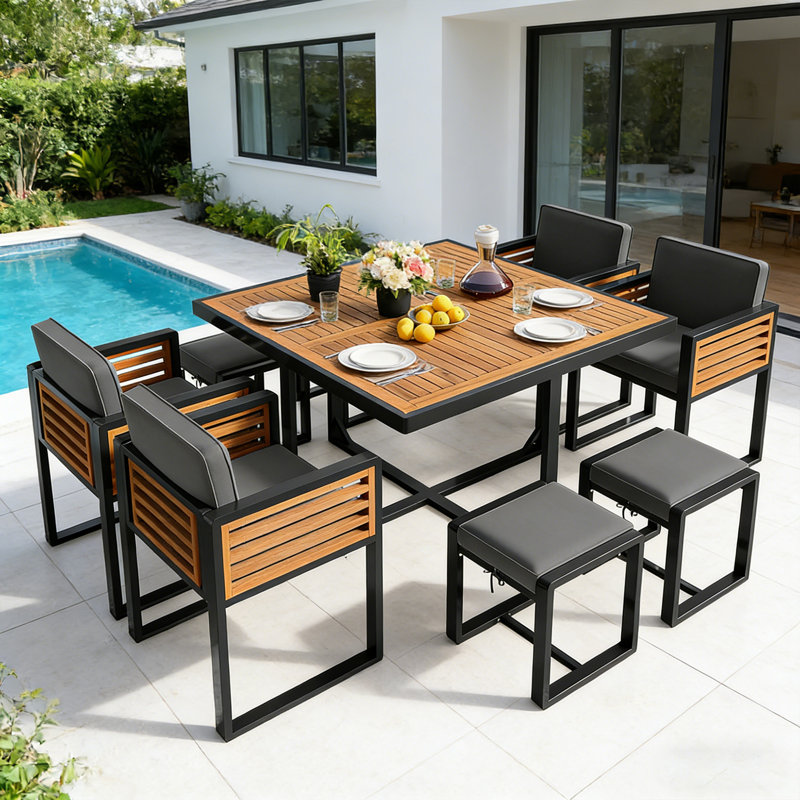 9-Piece Acacia Wood 8-Person Patio Dining Set, Gray