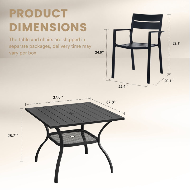 Ensemble de salle à manger de patio pour 4 personnes avec chaises empilables en métal, Noir, Noir