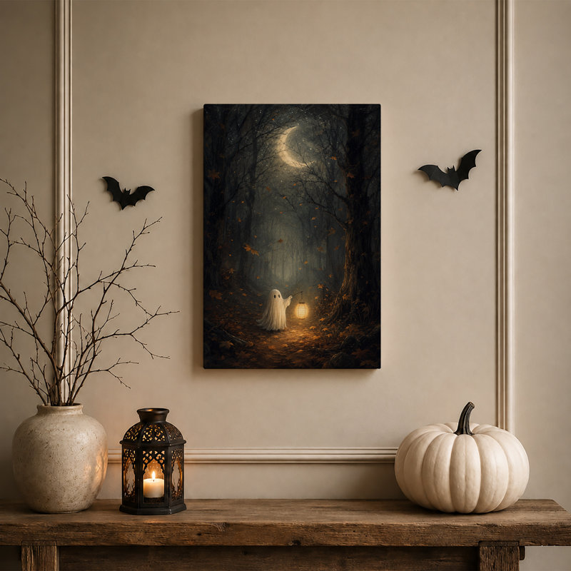 Toile blanche avec fantôme blanc tenant une lanterne dans une forêt brumeuse sous Halloween, H 18 po x l 12 po
